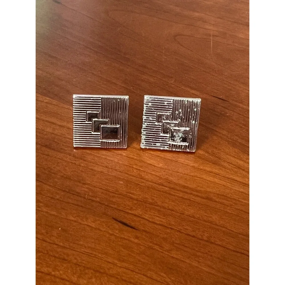 Vintage Silver Tone Square Ribbed Cufflinks Mid Century Modern Geometric Mens